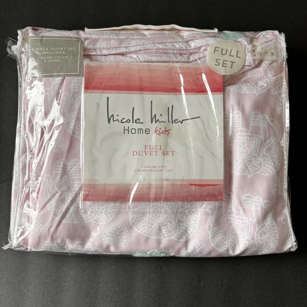 Nicole Miller Home Kids Full‎ Duvet Shams Set 3 Piece Pink Elephant Print